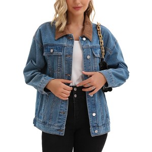 INSPIRE CHIC Women's Denim Corduroy Collar Long Sleeves Button Down Western Shacket Jean Jackets - 1 of 4