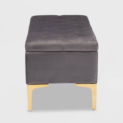Valere Grey Velvet Gold-Finished Button Tufted Storage Ottoman