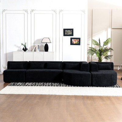GlasFlength Upholstered Sofa Free-combined Sofa Couch with Two Chaise Lounge and Five Back Pillows for Living Room, Black, 143.7*57.1*24.4