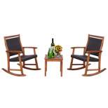 Tangkula 3 PCS Patio Rattan Bistro Set Outdoor Rocking Chairs & Table Set Rustic Brown