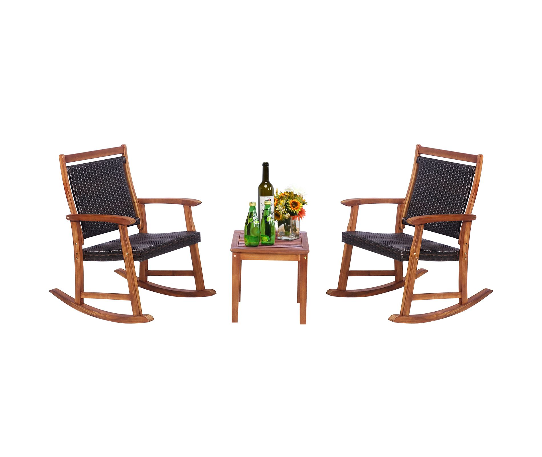 Tangkula 3 PCS Patio Rattan Bistro Set Outdoor Rocking Chairs & Table Set Rustic Brown