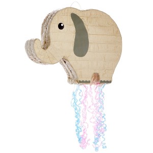 Blue Panda Elephant Pull String Pinata for Baby Shower, Gender Reveal, Safari Animal Party Supplies, 17x12" - 1 of 4