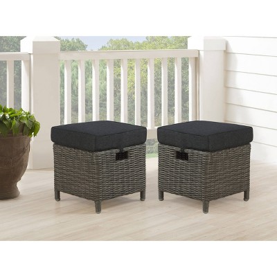Asti Gray Wicker Outdoor Ottomans with Cushions, Set of 2