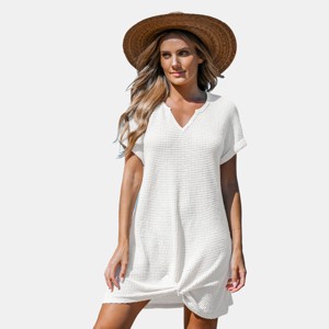 Women's Ivory/Khaki/Green/Blue Notched Neck Short Sleeve Cover-Up Dress - Cupshe - 1 of 4