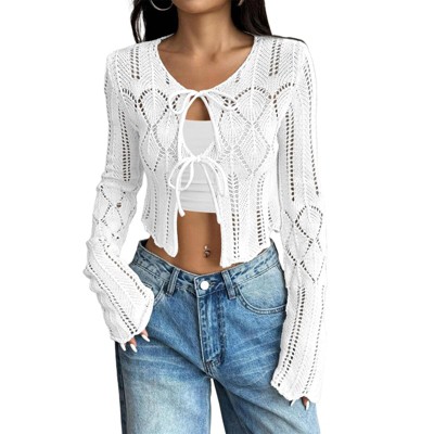 Womens Cardigan Casual Open Front Knit Lace Up Crop Cardigan