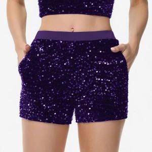 Anna-Kaci Women's High-Waisted Sequin Shorts with Elastic Waistband and Side Pockets - 1 of 4