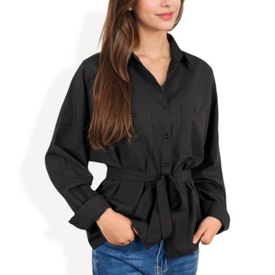 Anna-Kaci Women's Button-Up Shirt with Belted Waist and Utility Pockets for Everyday Looks