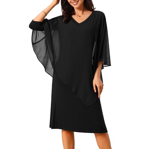 Женские платья INSPIRE CHIC Women's Chiffon Cape Overlay Bodycon 3/4 Sleeve V Neck Pencil Dress Medium Dark Blue