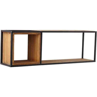 Universal Lighting and Decor Yelm Matte Black Metal and Brown Wood Dual Rectangular Wall Shelf