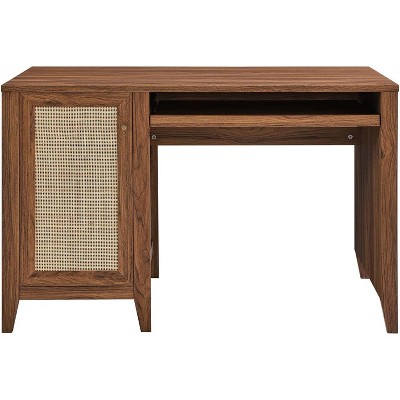 Walnut Wood Office Desk with Rattan Door and Keyboard Tray