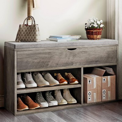 Shoe Storage Bench, Entryway Bench with Cushioned Seat and 2 Tiers of Shelves with Lift Top Storage Box