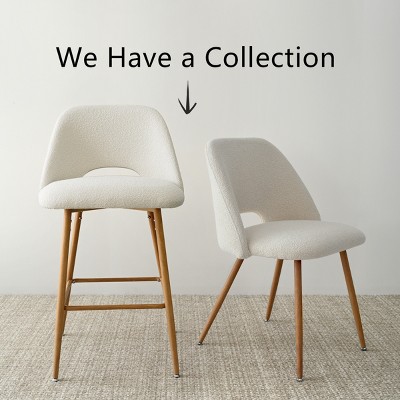 Beige Boucle Upholstered Counter Stools with Oak Metal Legs, Set of 2