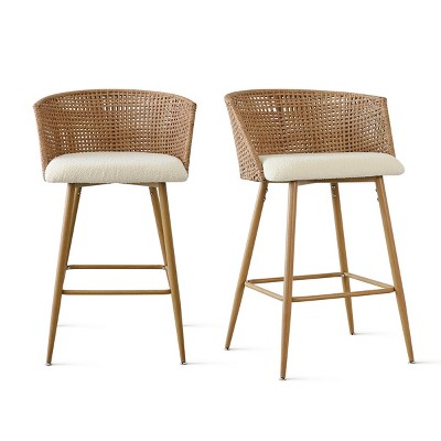 Beige Boucle Upholstered Rattan Counter Stools with Oak Legs, Set of 2