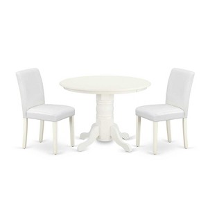 Round Dining Table Set 3pc - 42 Inch Table & 2 Parsons Chairs - White PU Leather & Linen Legs - 1 of 4
