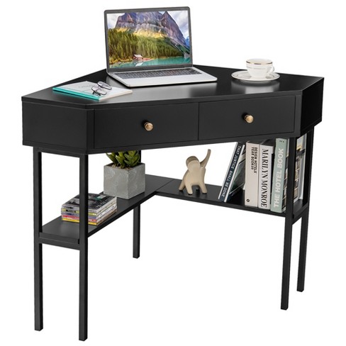 Costway Corner Computer Desk Writing Workstation Study Desk w/ 2 Drawers White\Black\Gold - image 1 of 4