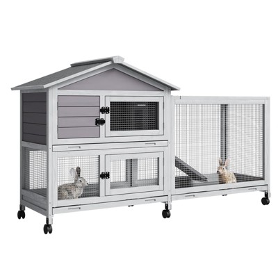 2-Tier Rabbit & Chicken Cage w/Wheel, Ramp, 4 Doors & Tray - Indoor/Outdoor Use