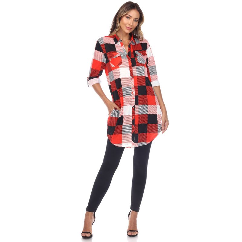 Women's  Roll Tab Sleeve Plaid Buttoned Top - White Mark, 1 of 6