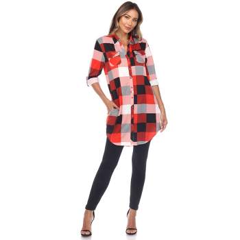 Women's  Roll Tab Sleeve Plaid Buttoned Top - White Mark
