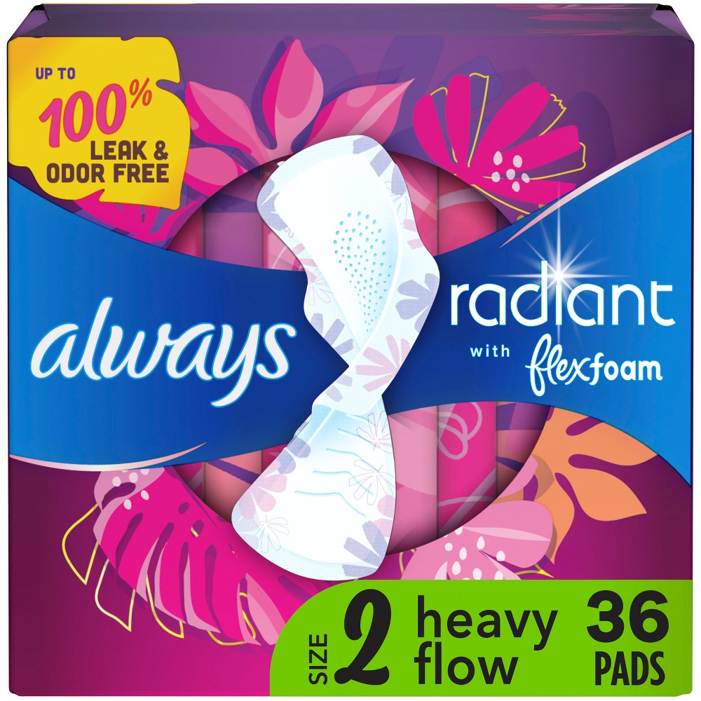 Always Radiant Flex Foam Heavy Flow Absorbency Pads with Wings - Scented - Size 2 - 36ct
