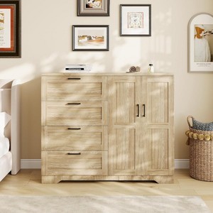 43.3in Tall Modern Wardrobe Armoire Closet with 4 Drawers, Double Doors and Hanging Rod, Low Wooden Storage Cabinet for Bedroom Entryway - 1 of 4