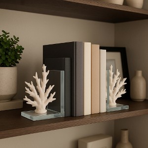 Decorative Coral on Glass Bookends - Coastal Inspired Book Ends for Office Desk Accent, Home Library, or Entryway Home Decor - Set of 2, 7.25", White - 1 of 4