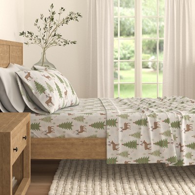 King Gray Deer and Trees Cotton Flannel Sheet Set