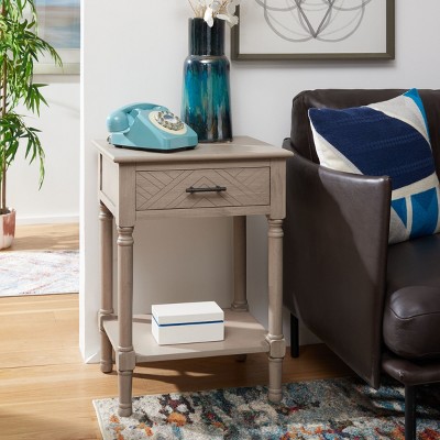 Greige Pine Wood Rectangular Storage End Table with Drawer