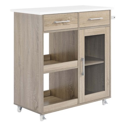 Modway Culinary Kitchen Cart with Towel Bar – Rolling Island with Storage Shelves, Locking Casters, and Wood Surface Top