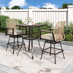 Captiva Designs Outdoor Patio Dining Bar Set with Steel Bar Table & Rattan Bar Stools with Cushions - 1 of 4