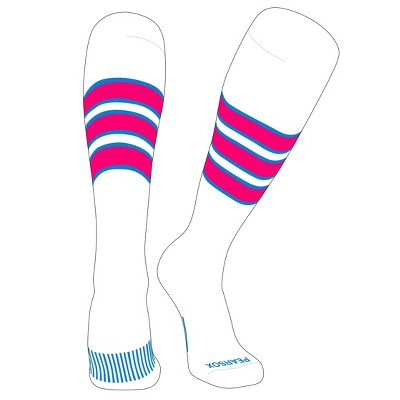 PEAR SOX Striped OTC Baseball, Softball, Football Socks (C) White, Neon Blue, Hot Pink