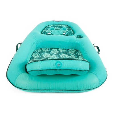 Aqua Leisure Campania 2 in 1 Convertible Water Lounger Recliner and Luxurious Inflatable Pool Float with Drink Caddy, Teal Floral Print
