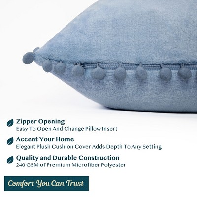 Dusty Blue Velvet Euro Pillow Covers with Pom Pom Fringe, 18x18 Set