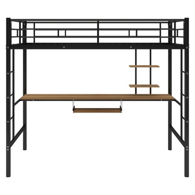 Whisen Industrial Style Metal Loft Bed with Built-in Desk and Shelves, Double Ladder, Space Saving Design