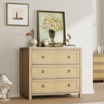 3 Drawer Rattan Dresser for Bedroom, Tall Freestanding Boho Chest of Drawers, Wood Storage Cabinet for Nursery, Living Room, or Closet