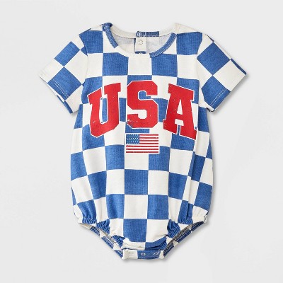 Baby Grayson Mini Americana Checkered Romper - Blue 6-9M