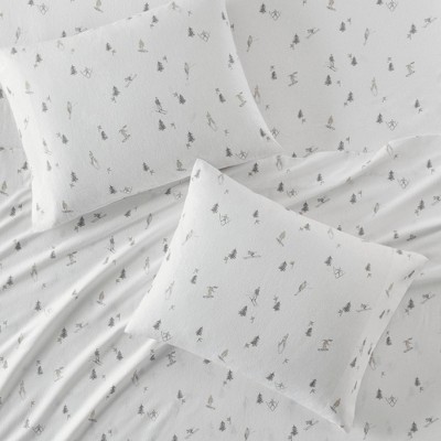 California King Gray Skiers Cotton Flannel Sheet Set