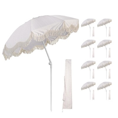 LAGarden LAGarde 9 Pack 6Ft Fringe Patio Umbrella with Push Button Tilt Carry Bag UV30+ Outdoor Yard Lawn Yard Party Purple Stripe