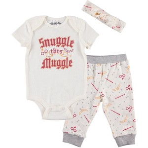 Harry Potter Baby Girls Bodysuit Pants and Headband 3 Piece Outfit Set Newborn to Infant - 1 of 4