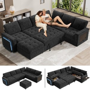 Dyonery 7 Seat L Shaped Sleeper Sofa Bed with Pull Out Bed, USB Ports, LED Light, Reclining Backrest, Side Table & Ottoman, Chenille Couch - 1 of 4