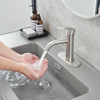Brushed Nickel Single-Handle Bathroom Faucet with Deck Plate