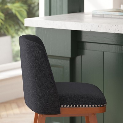 Charcoal Faux Linen 24" Counter Stools with Walnut Wood and Nailhead Trim, Set of 2