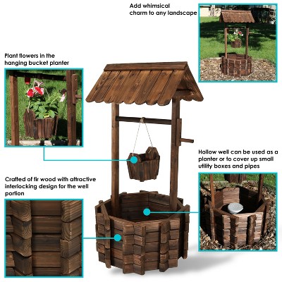Brown Fir Wood Wishing Well Garden Planter with Hanging Bucket