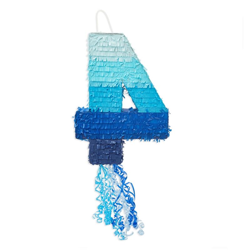 Blue Panda Number 4 Pull String Pinata for Boys, 4th Birthday Party Decorations, Ombre Blue, 16.5 x 12 x 3 In, 5 of 8