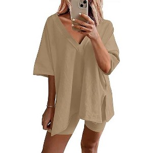 Ekouaer Womens Pajamas 2 Piece Lounge Sets Oversized V Neck T-Shirts Tops Biker Shorts Set Workout Reversible Tracksuit - 1 of 4