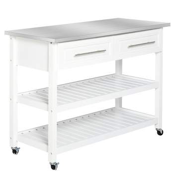 HOMCOM Kitchen Island with Stainless Steel Top, Traditional Kitchen Island with Storage, 2-Tier Open Shelves, Drawers