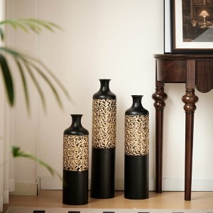 Angel Sar Matte Black Large Floor Vase, Gold Baroque Vines, Metal Flower Vase(Set Of 3) - 1 of 4
