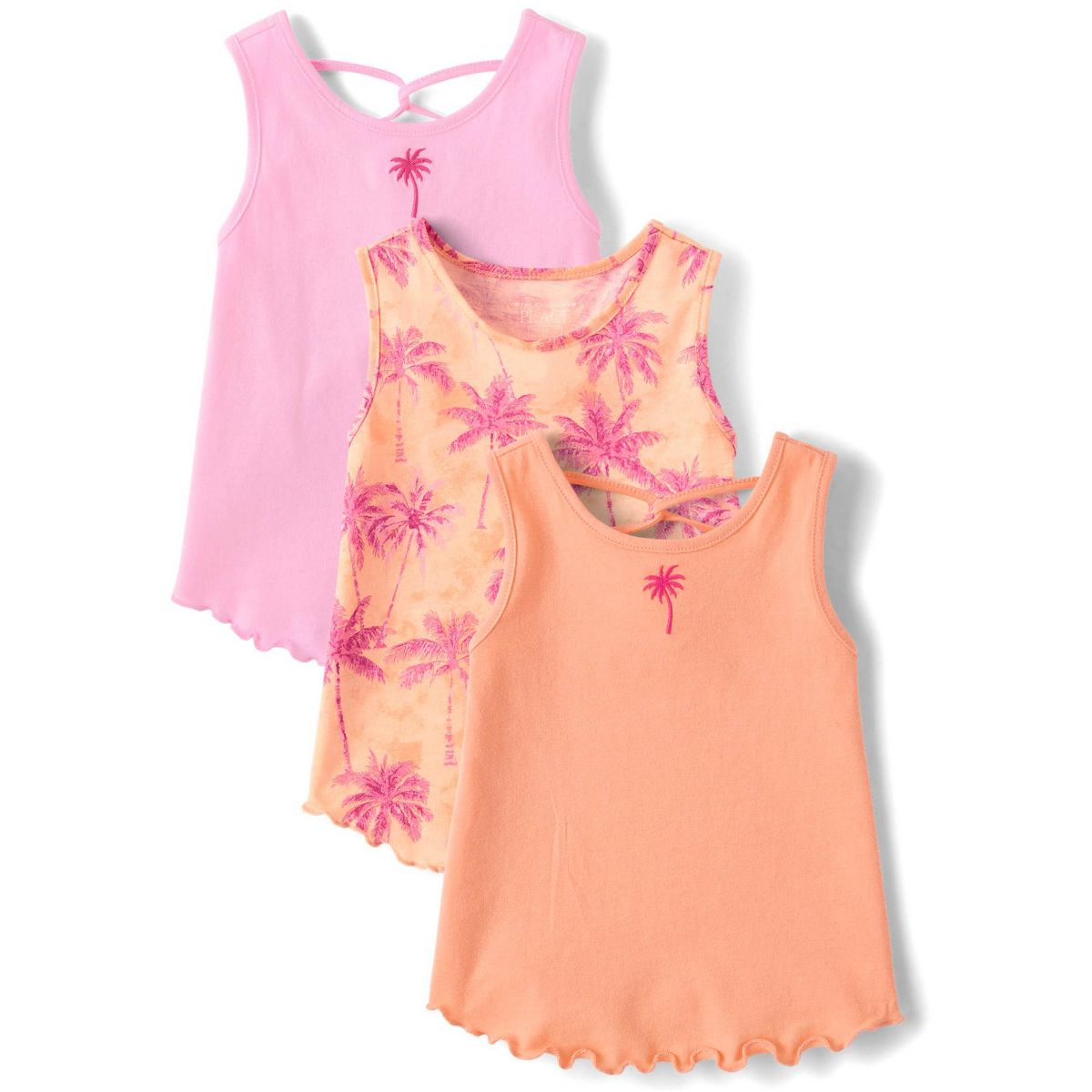 The Children's Place Toddler Girls Sleeveless Embroidered Palm Tree Lettuce Tank Top 3-Pack