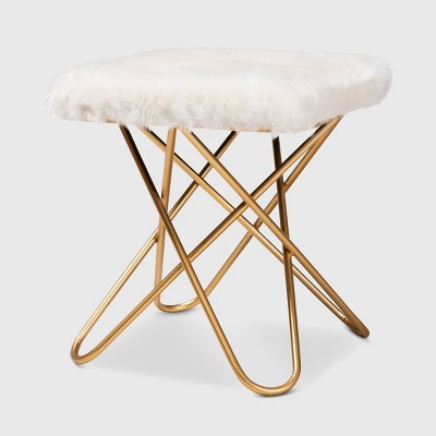 Valle Faux Fur Upholstered Metal Ottoman White/Gold - Baxton Studio