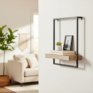 Homy Casa Iron and Wood Wall Shelf, Modern Floating Storage Rack, Black - 1 of 4