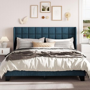 Allewie Platform Bed Frame with Wingback, Fabric Upholstered Square Stitched Headboard and Wooden Slats, Mattress Foundation, Box Spring Optional, Easy Assembly - 1 of 4